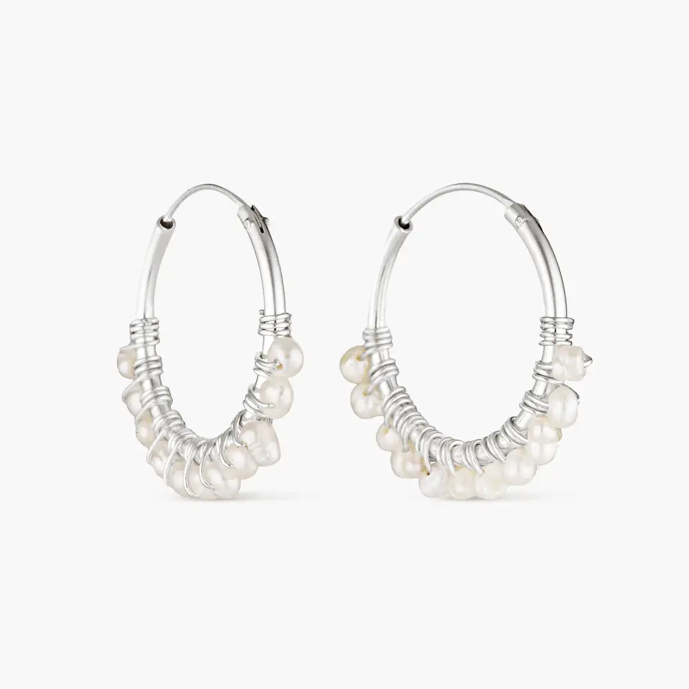Sterling Silver Handcrafted Pearl Hoop Earrings
