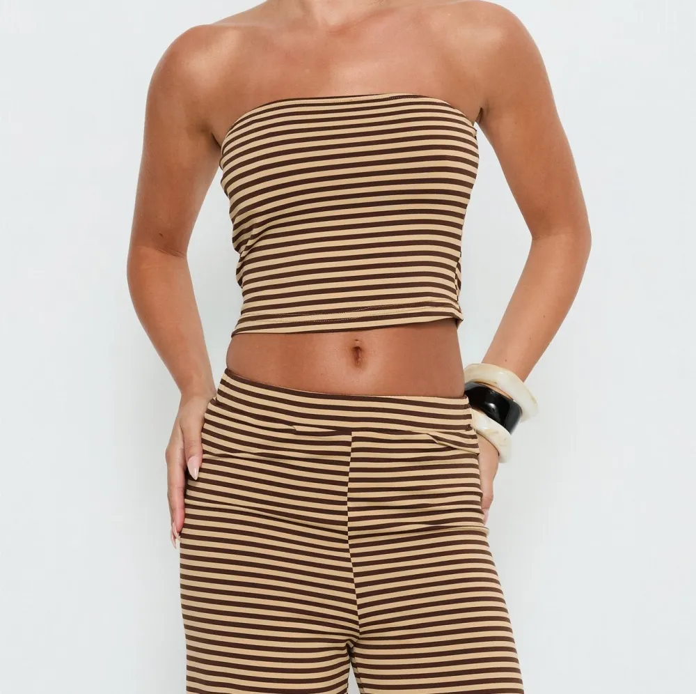 Brown Striped Strapless Cropped Top