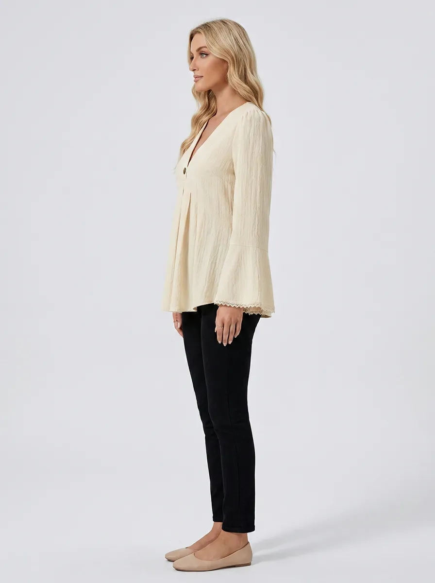 V-Neck Button Front Lace Trim Bell Sleeve Blouse