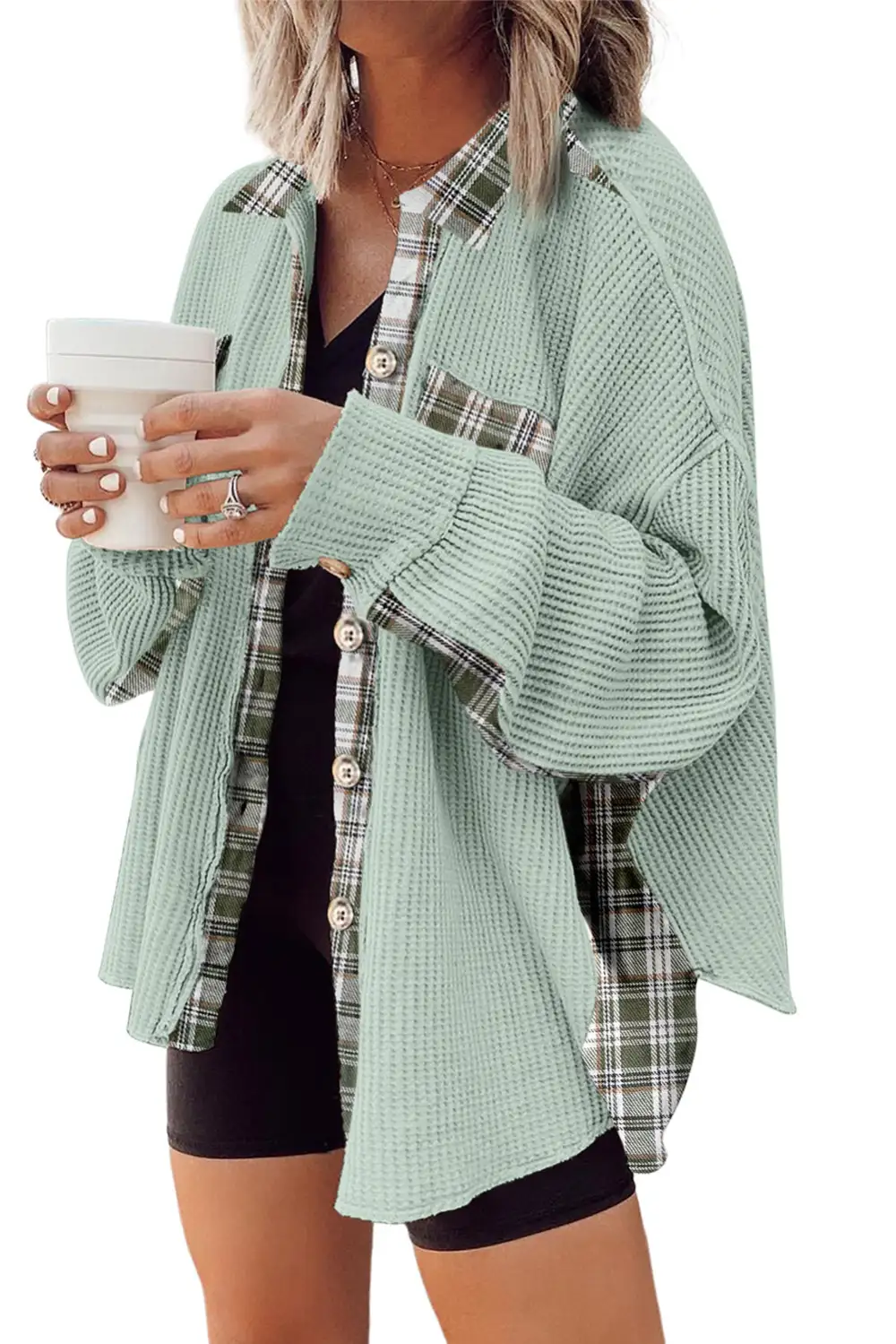 Women's Plaid Patchwork Waffle Thermal Knit Shacket
