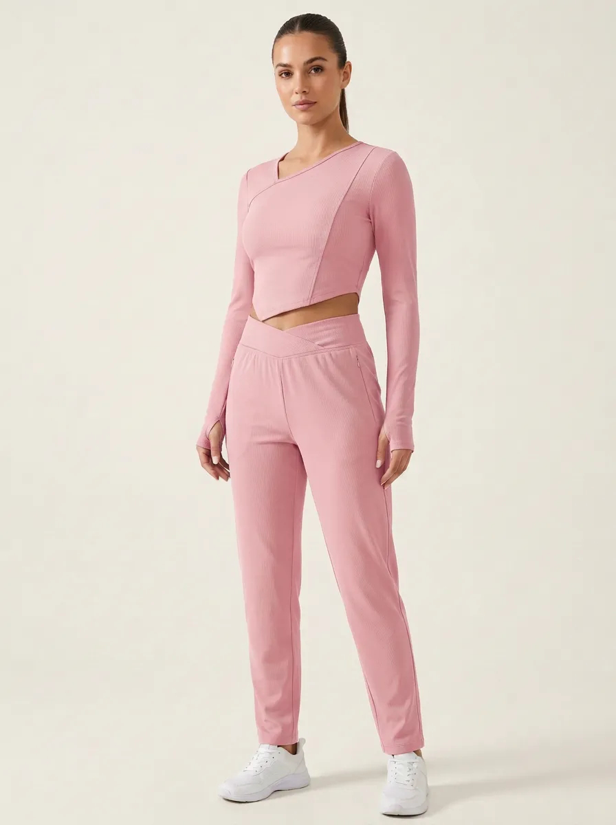 Women's Ribbed Overlap-Neck Thumbhole Crop Top and Straight-Leg Trouser Set