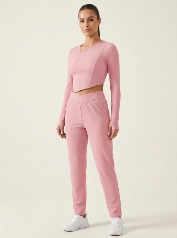 Women's Ribbed Overlap-Neck Thumbhole Crop Top and Straight-Leg Trouser Set