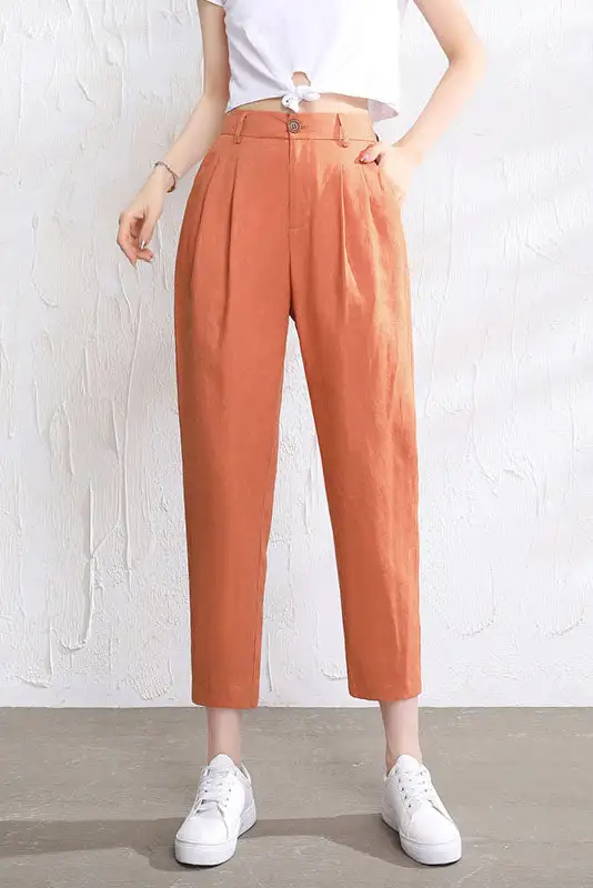 Refined Linen Elastic Waist Pleated Trousers