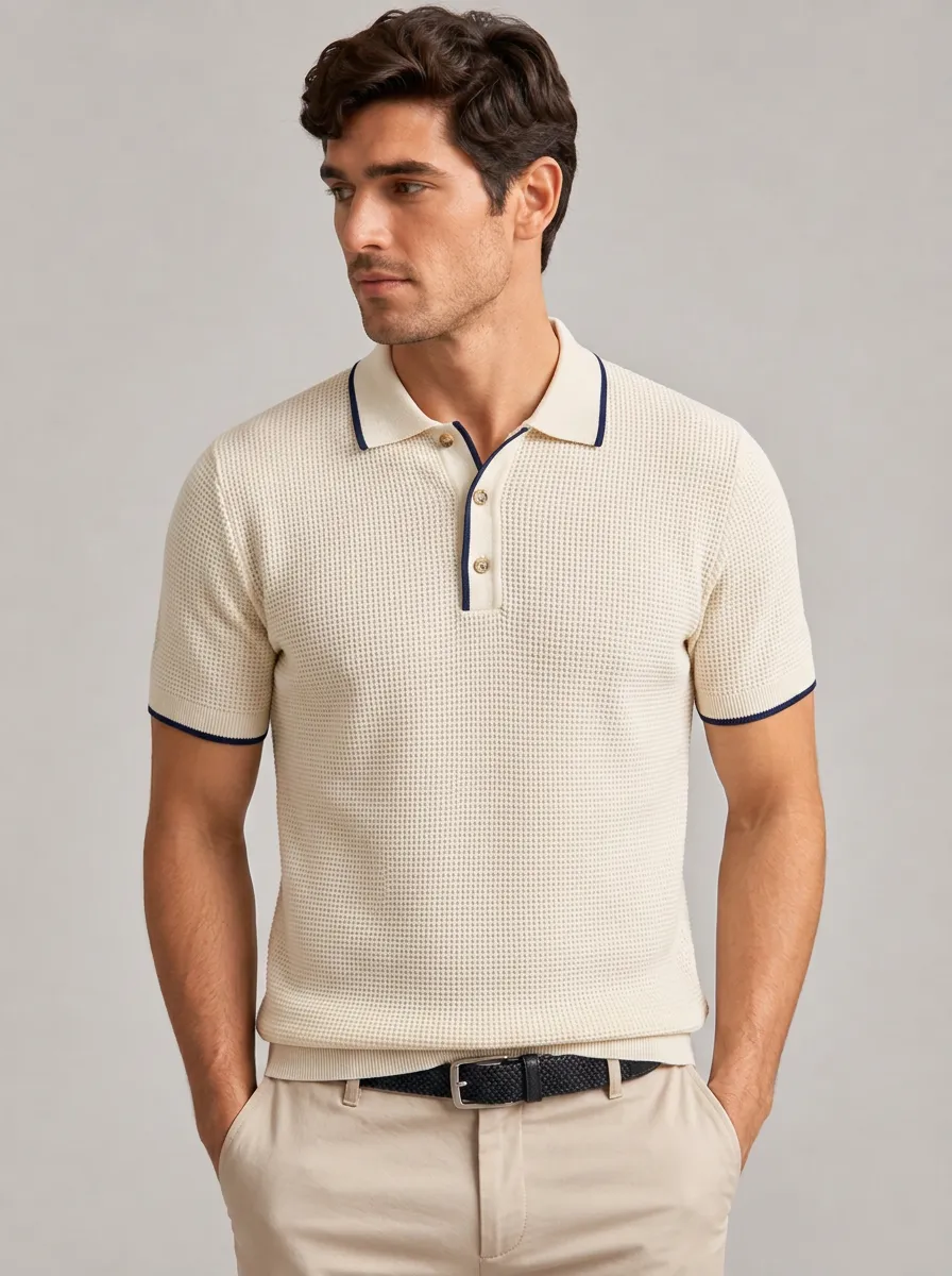 Men's Equestrian Lover Horse Pattern Printed Waffle Knit with Contrast Trim Polo Shirt