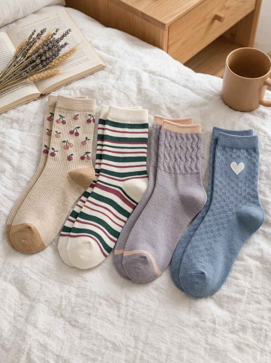 Women's Vintage Style Cherry Stripe Heart Printed Crew Socks Set
