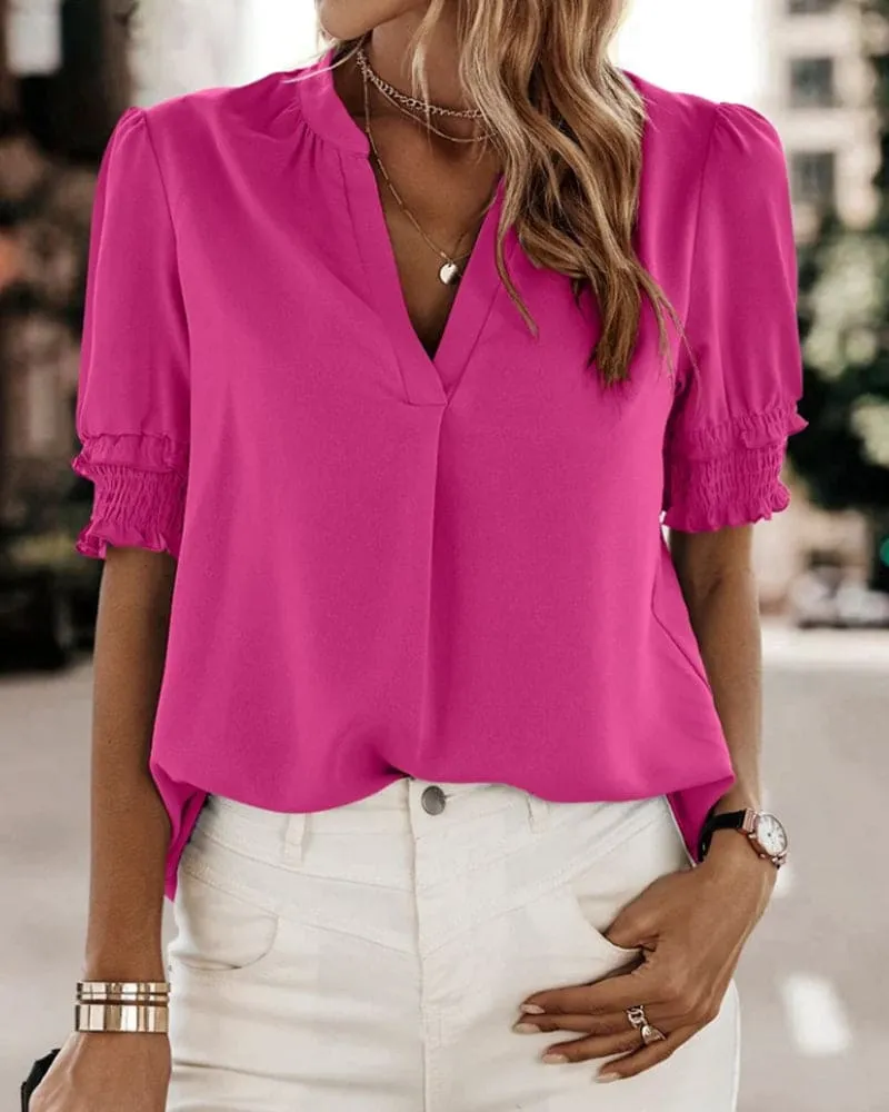  V Neck Smocked Sleeve Blouse