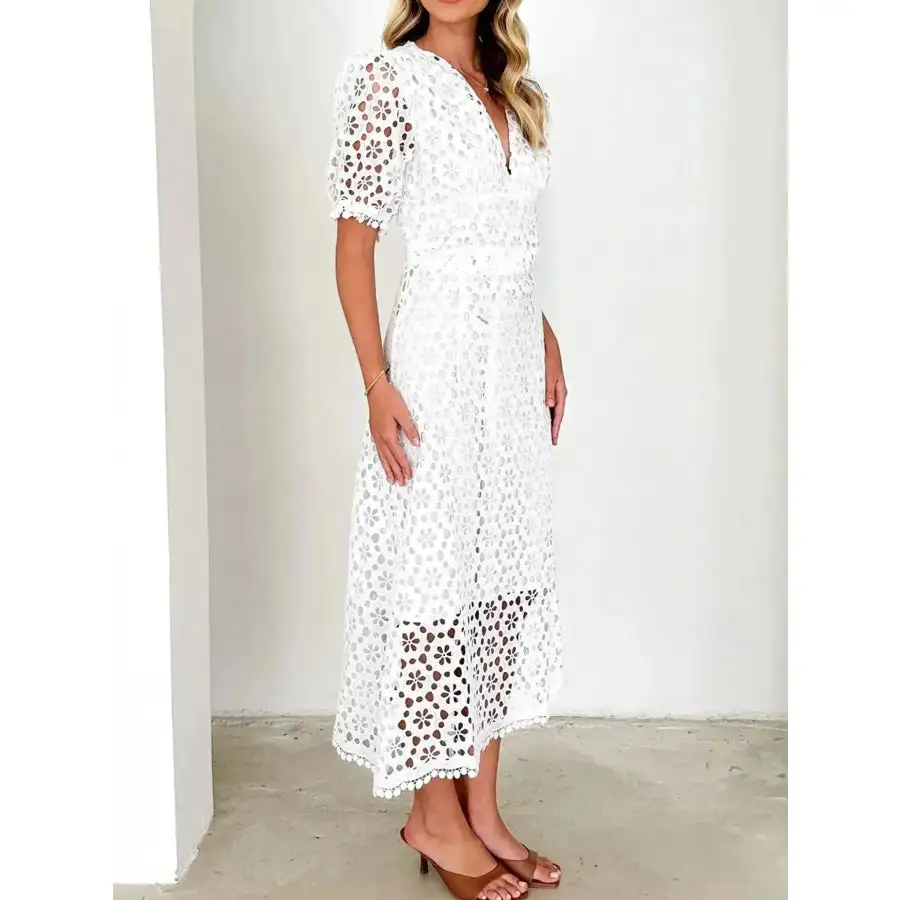 Eyelet Lace V-Neck Midi Dress with Puff Sleeves