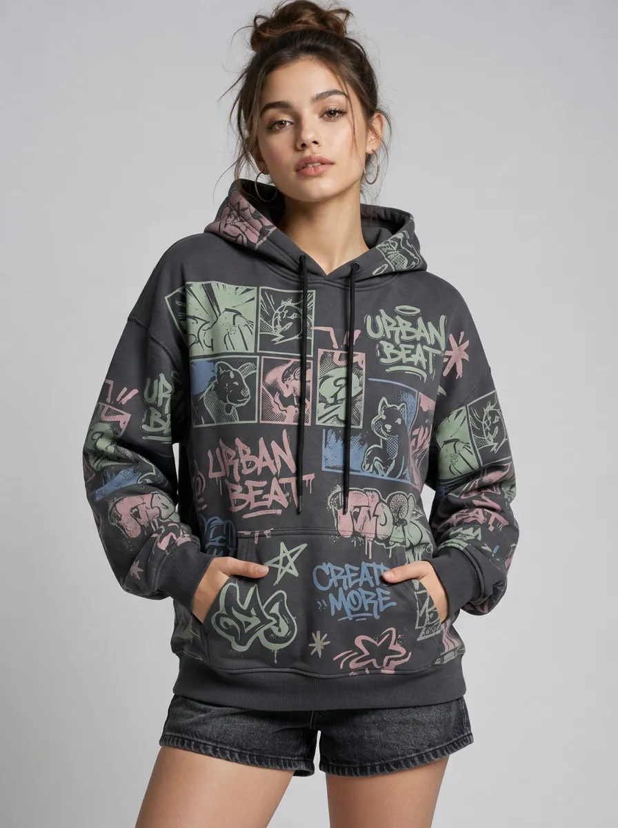 Women's Urban Beat Graffiti Comic Strip Printed Hoodie
