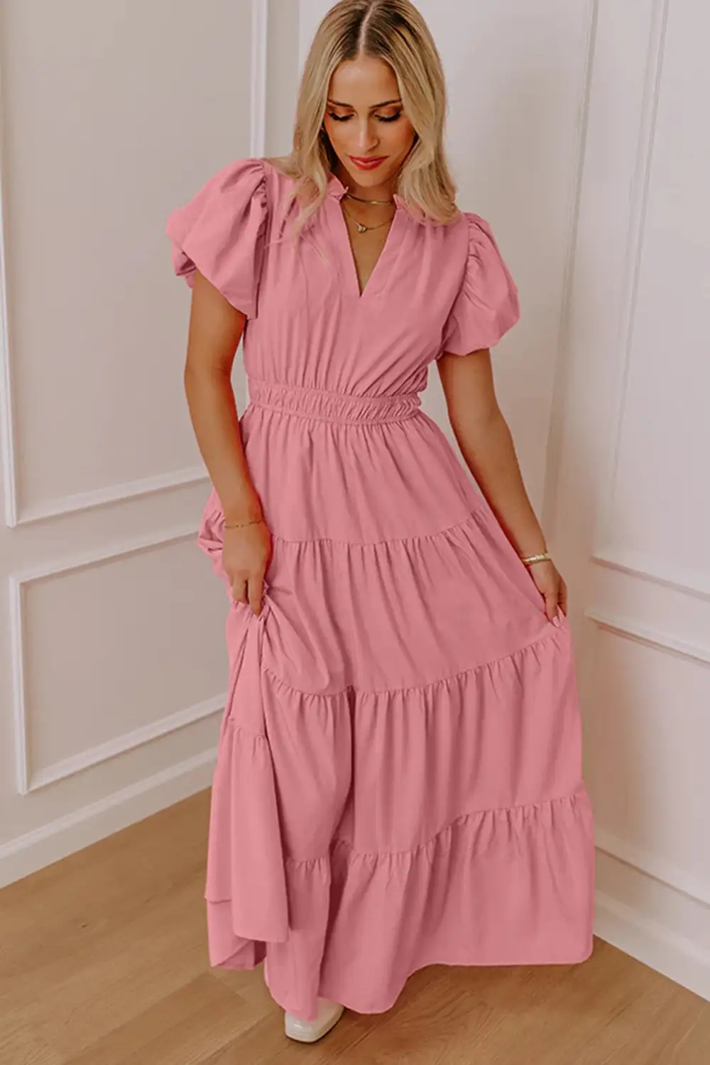 Clean Line V Neck Tiered Puff Sleeve Maxi Dress