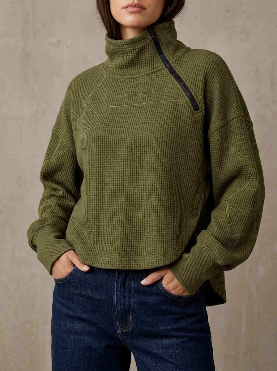 Women's Olive Waffle Knit Asymmetric Zip Mock Neck Top