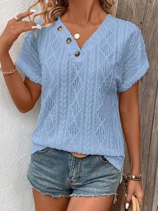 Relaxed Short Sleeve Button Detail V-Neck T-Shirt