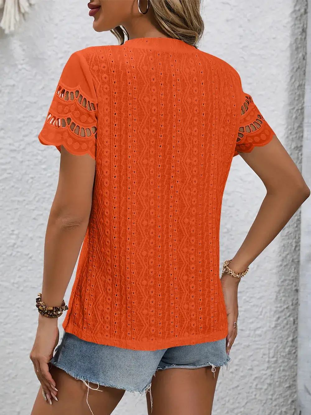Eyelet Round Neck Short Sleeve Top
