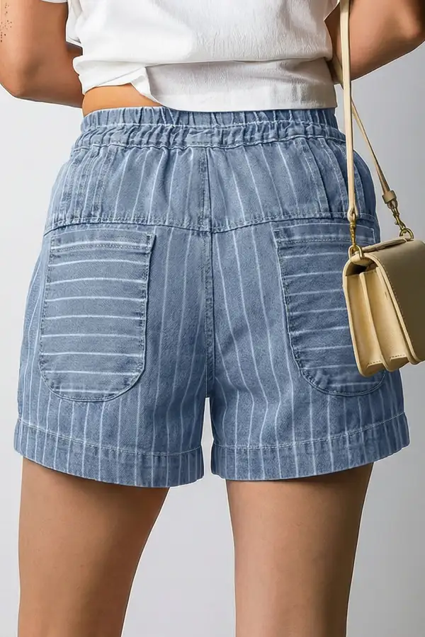 Drawstring Button Pleated High Waist Denim Shorts