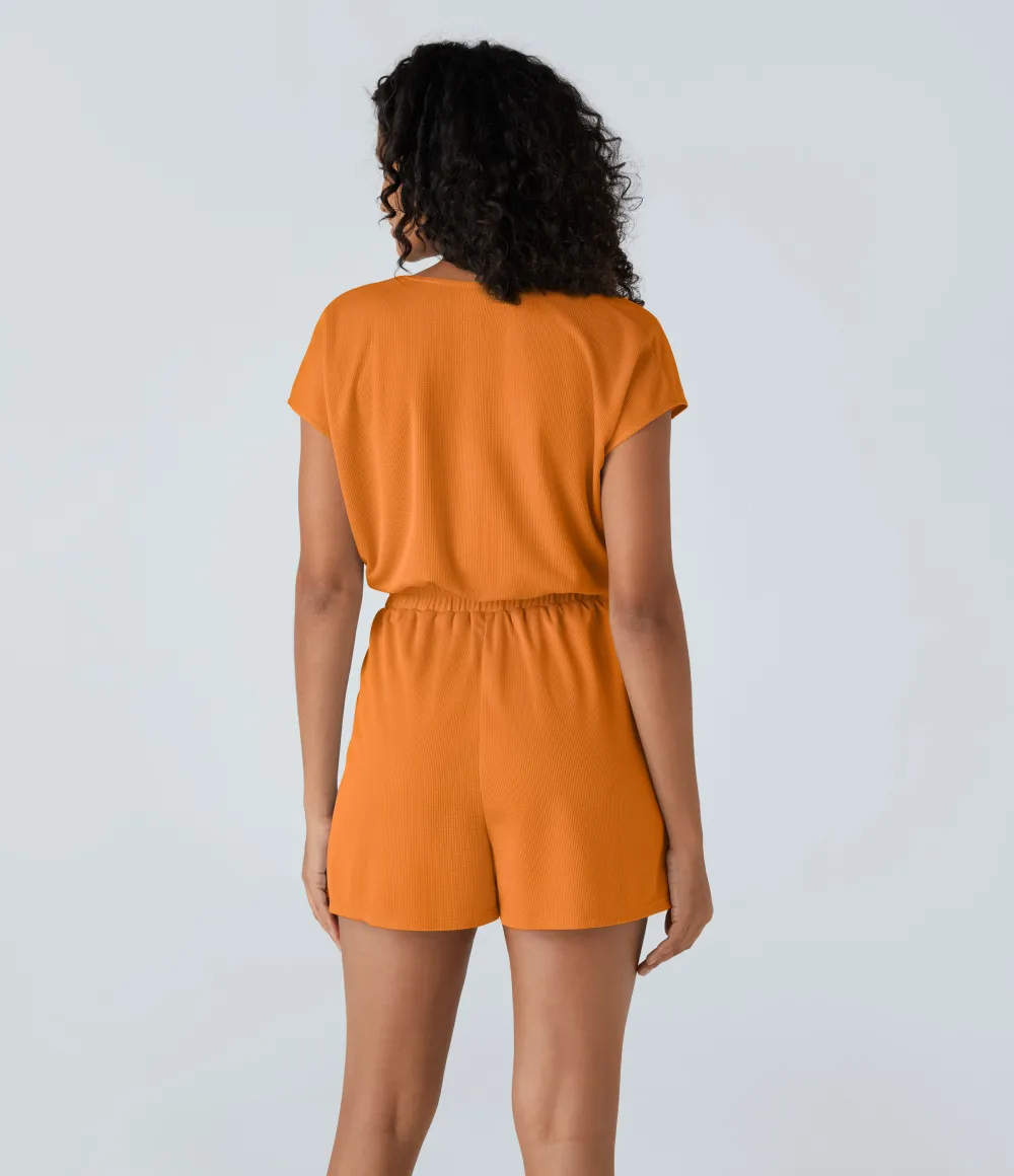 V Neck Short Sleeve Pocket Waffle Casual Romper
