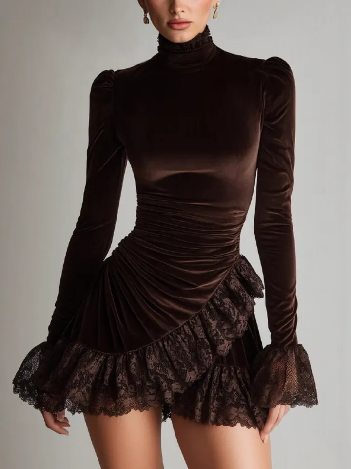 Velvet Ruffled Lace Elegant Mini Dress