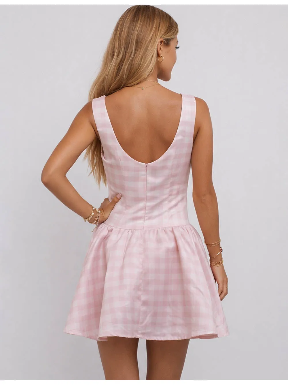 Checked Square Neck Sleeveless Puff Hem Mini Dress