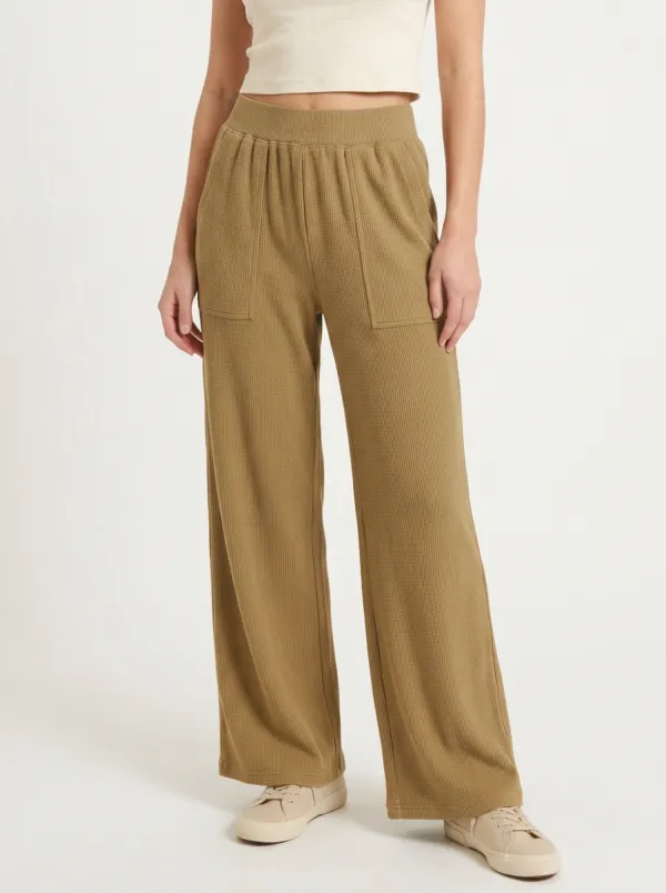 Women's Casual Olive Waffle Knit Wide Leg Pocket Pants