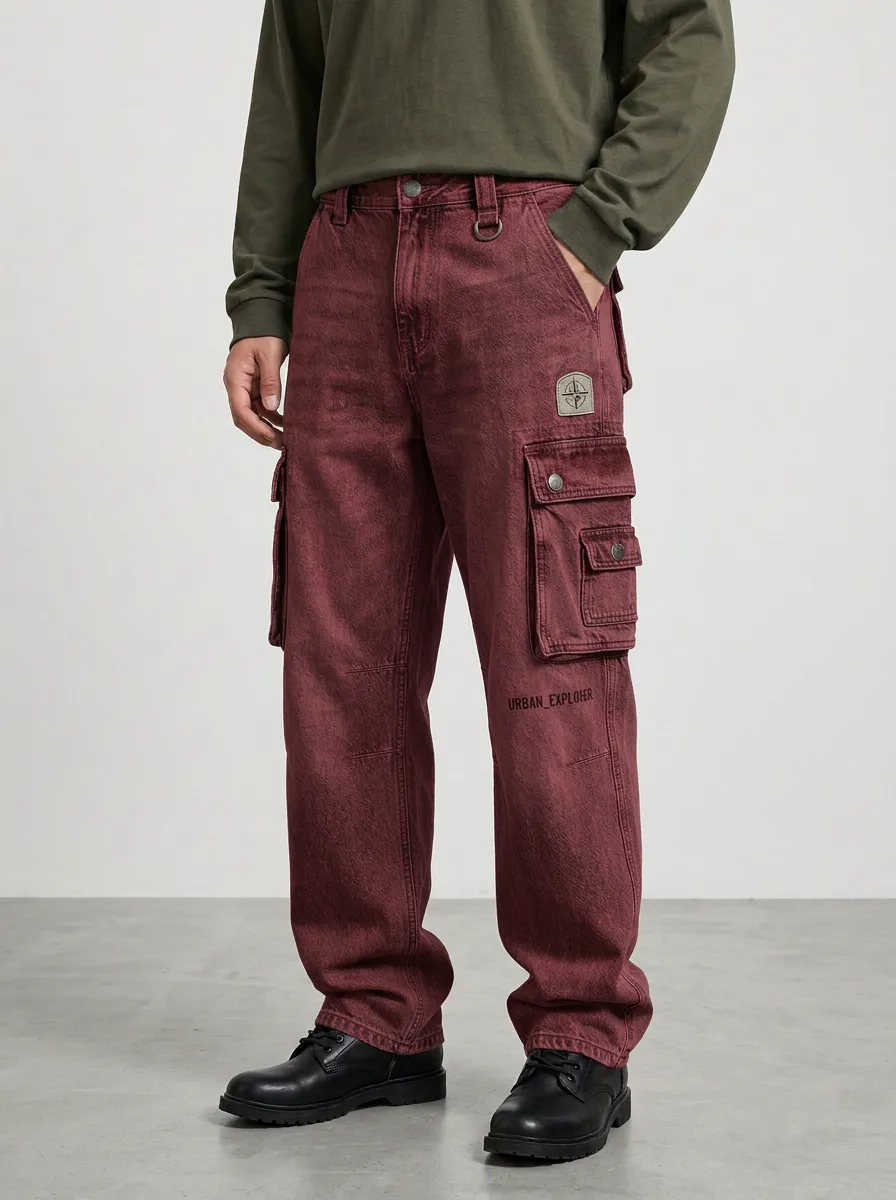 Men's Urban Explorer Compass Patch Detail Denim Cargo Jeans