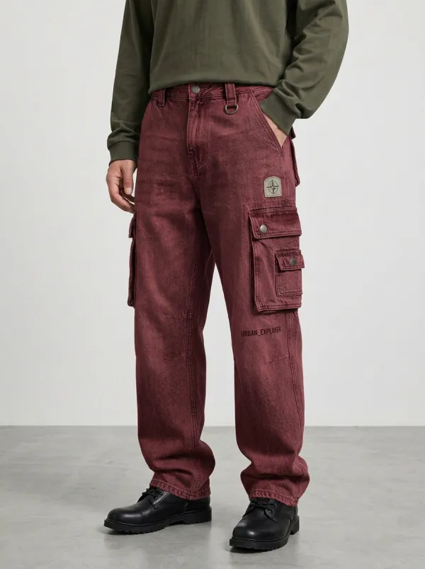 Men's Urban Explorer Compass Patch Detail Denim Cargo Jeans