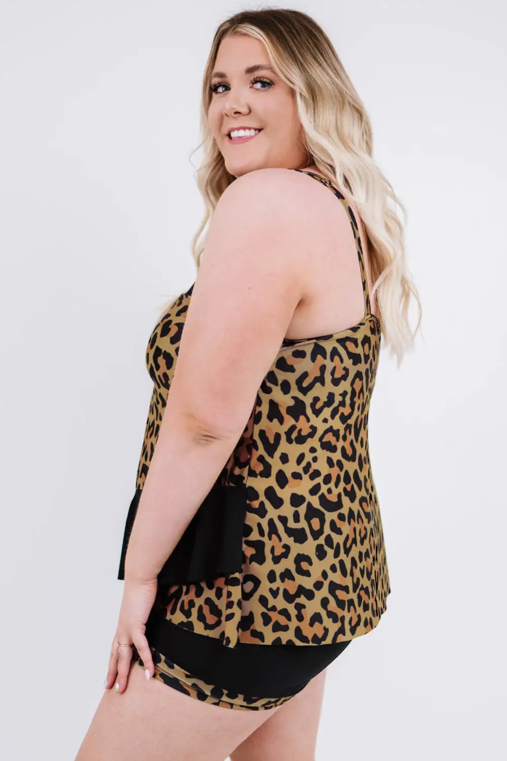 Swimwear Leopard Ruched Hem Plus Tankini Set