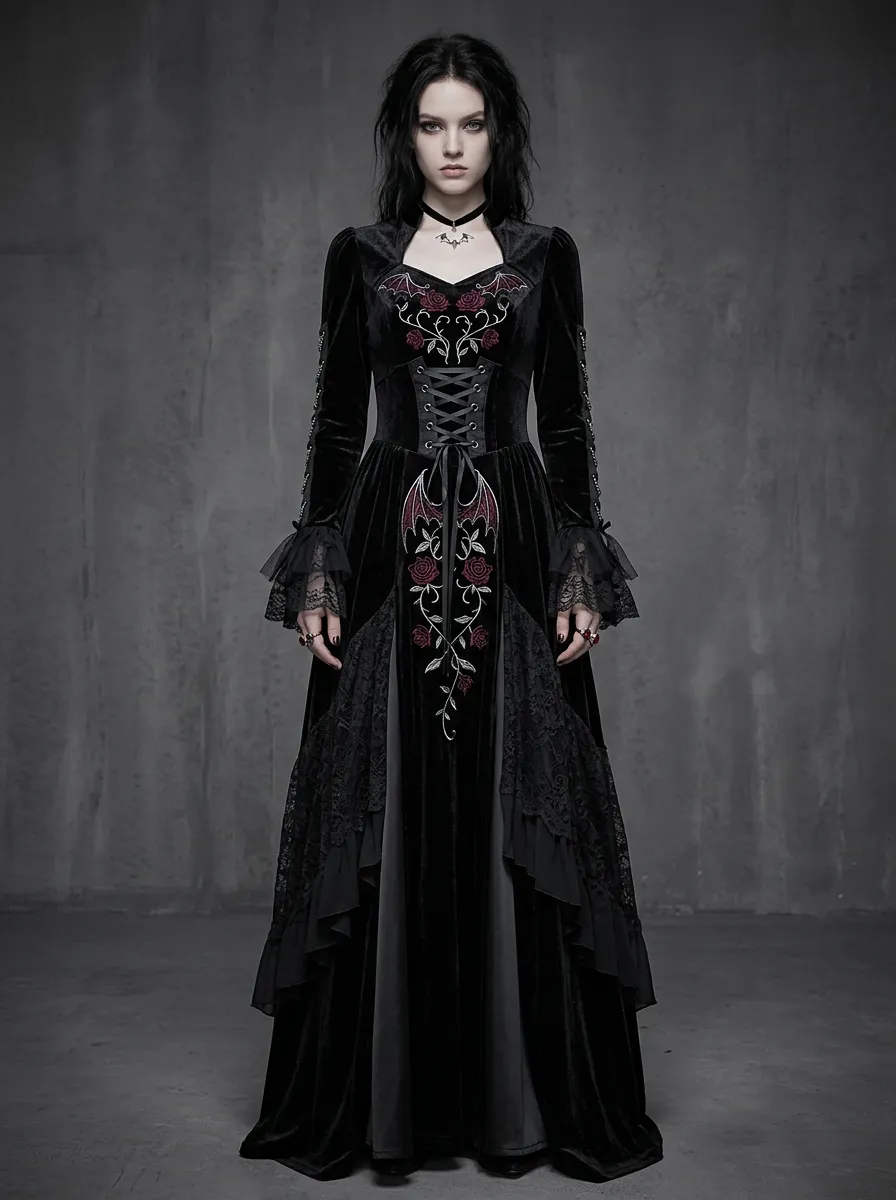 Women's Gothic Bat Rose Embroidery Printed Velvet Dress
