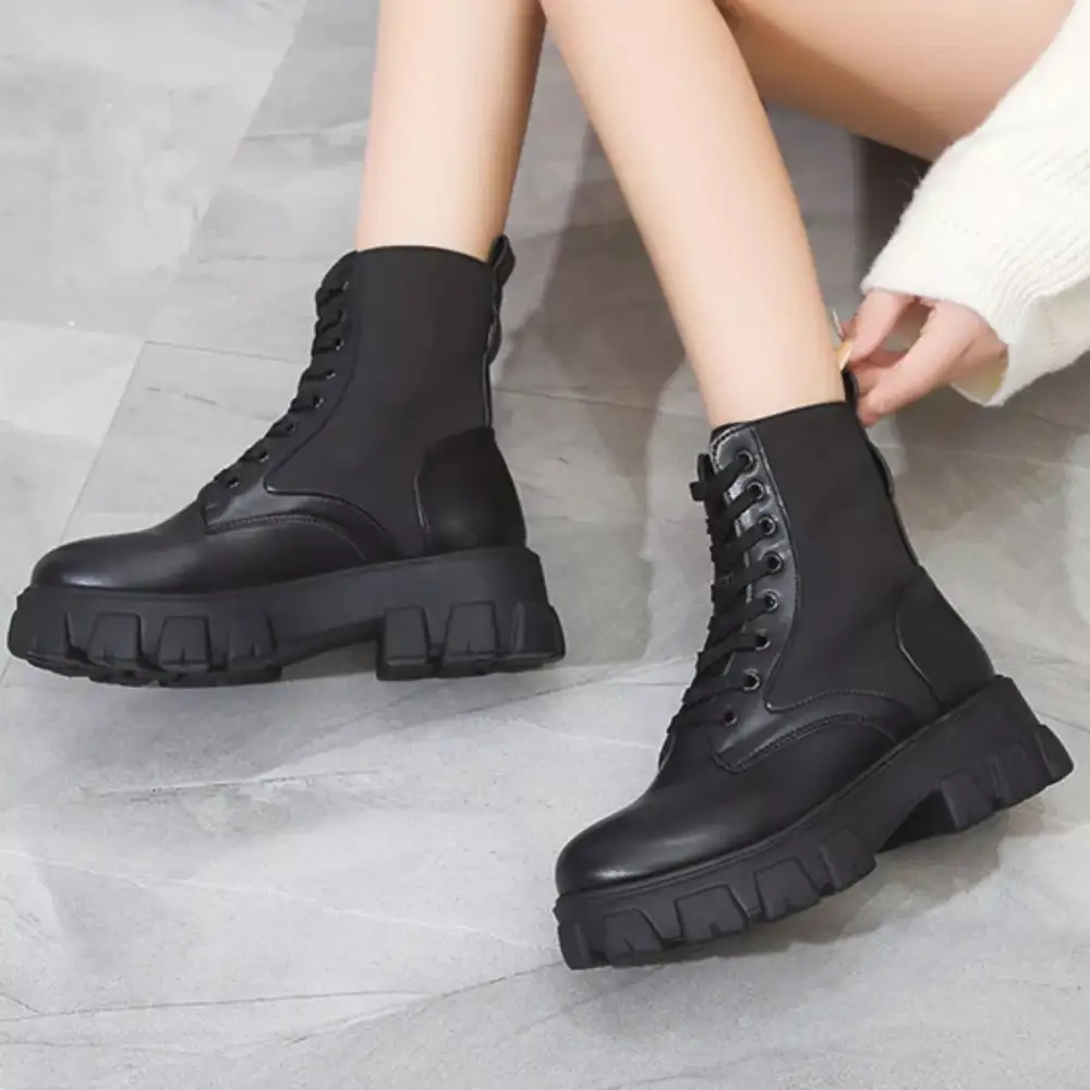 Textured Lace-Up Platform Ankle Boots