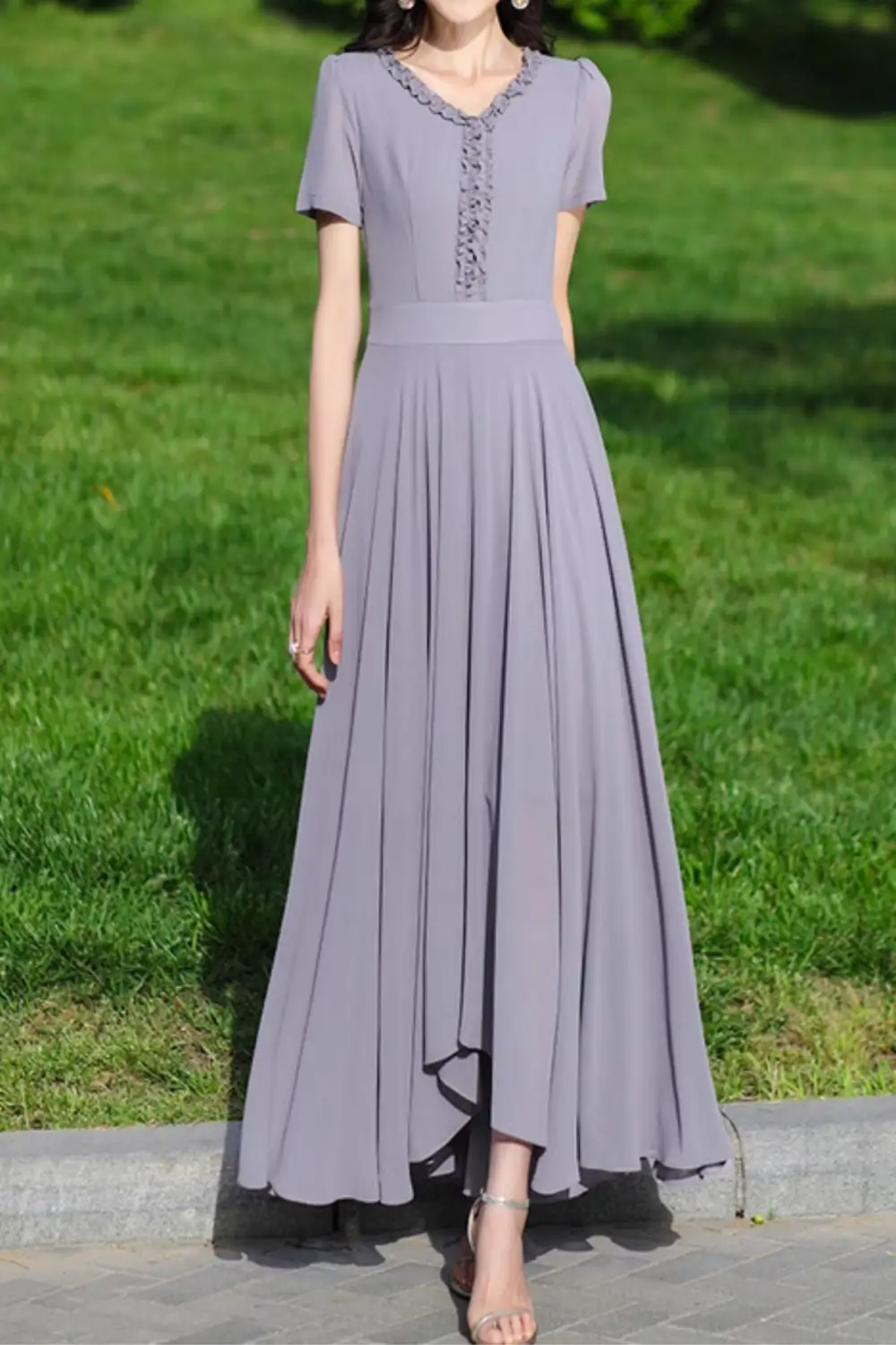 Chiffon Ruffle V Neck Short Sleeve Maxi Dress