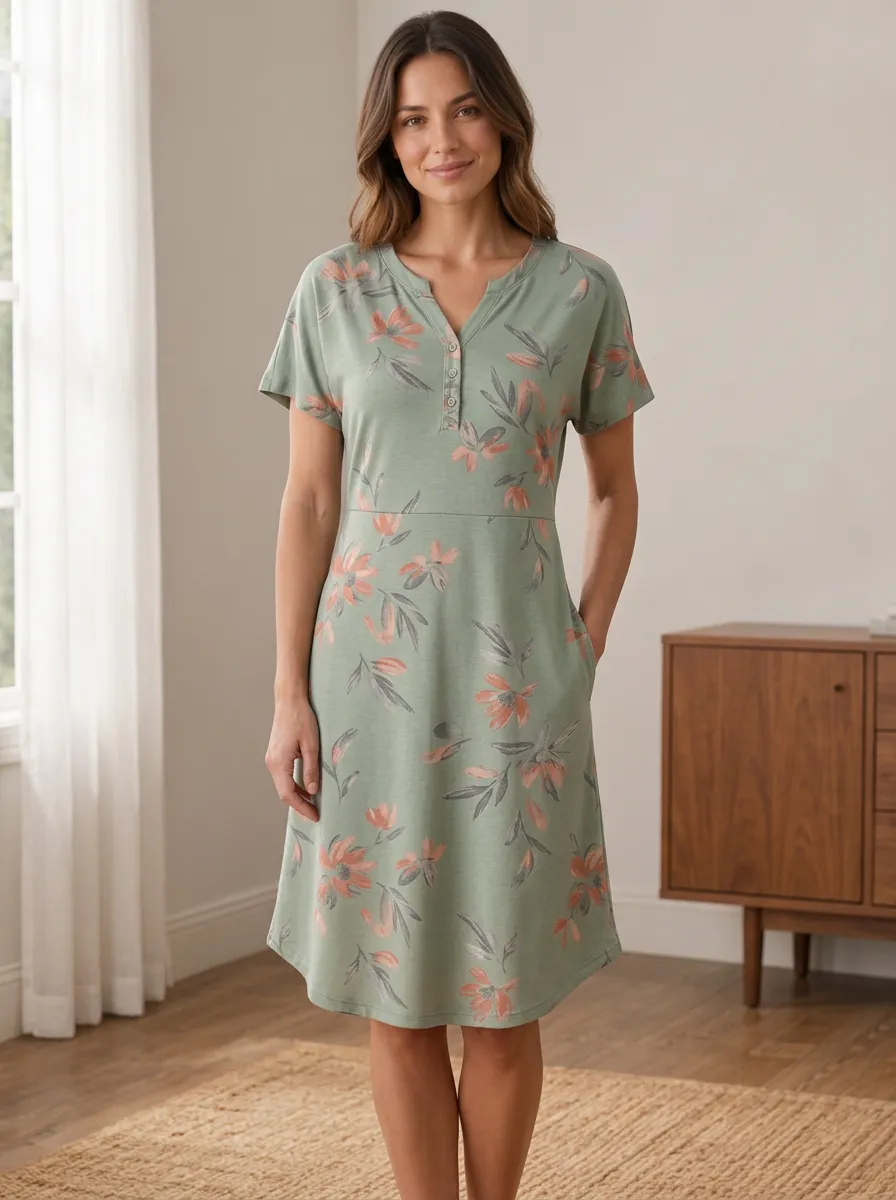 Women's Floral Pattern Sage Green Printed Henley Dress