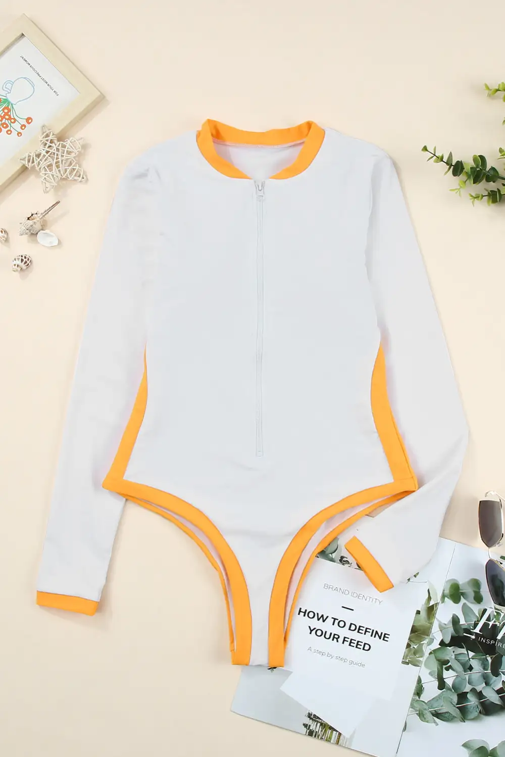 Swimwear Colorblock Trim Zip Front Long Sleeve Rash Guard Swimsuit