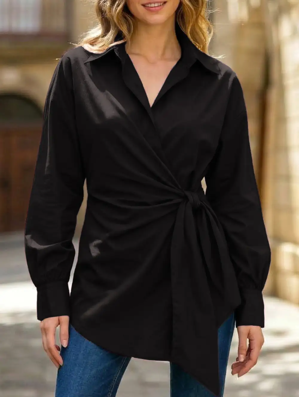 Lapel Button Tie Waist Slim Shirt