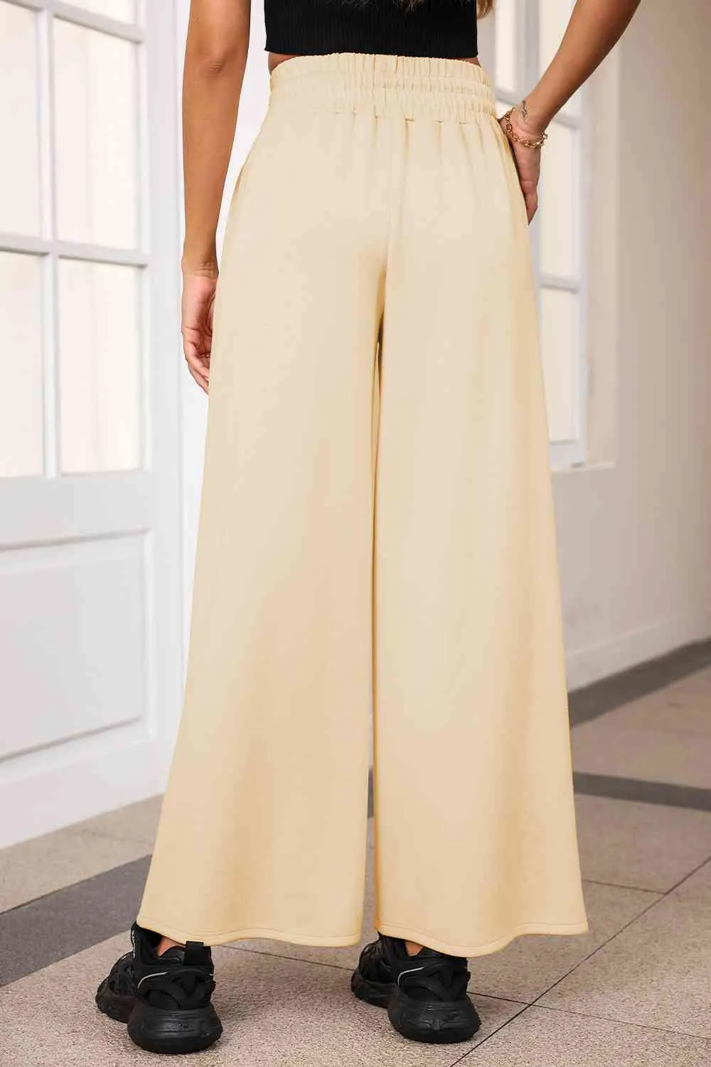 Polished Drawstring Wide Leg Pants With Pocket