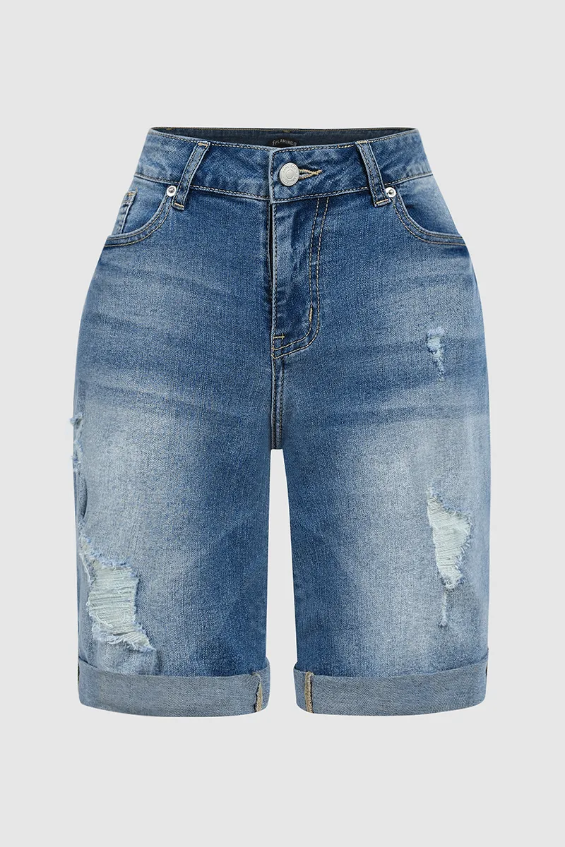 Ripped Lwo Waist Denim Bermuda Shorts