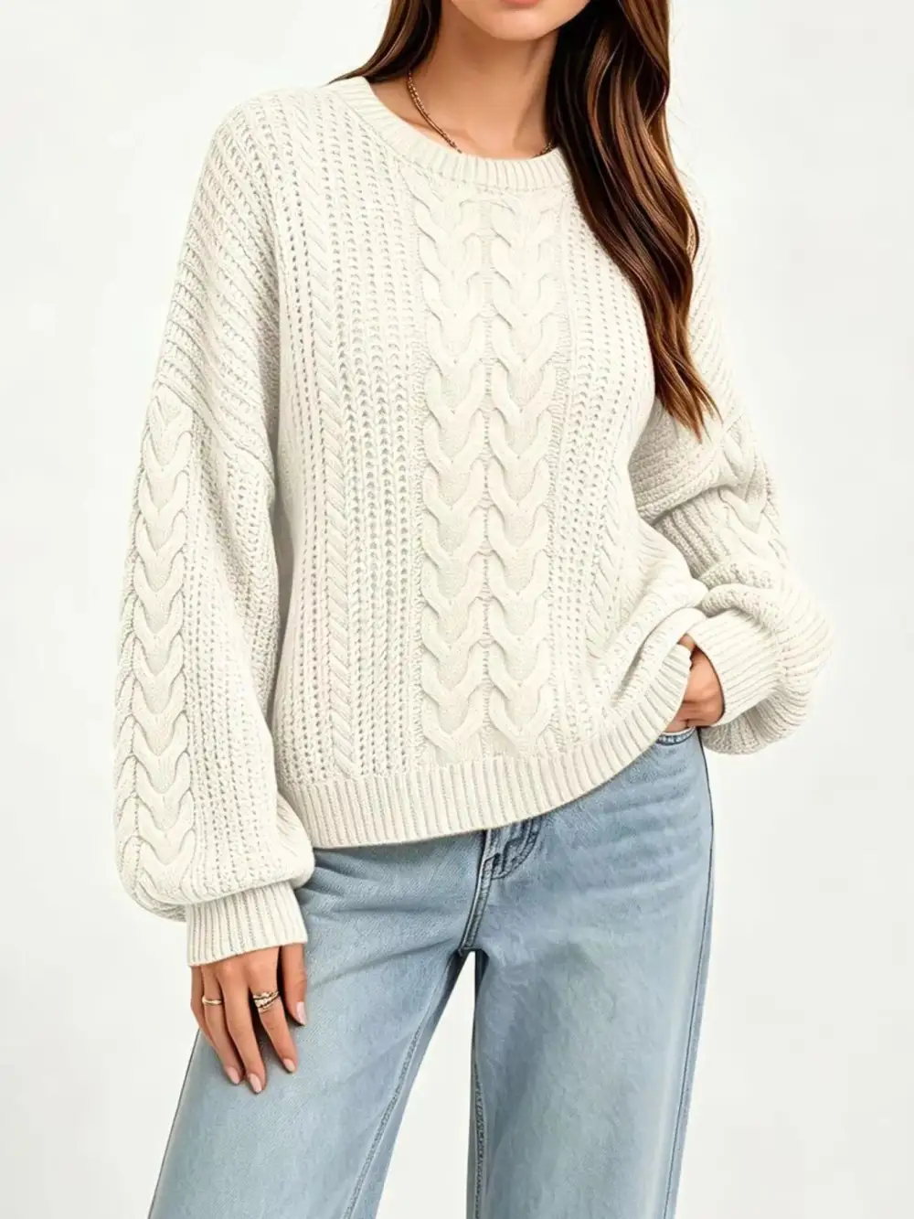 Round Neck Cable Knit Oversized Sweater