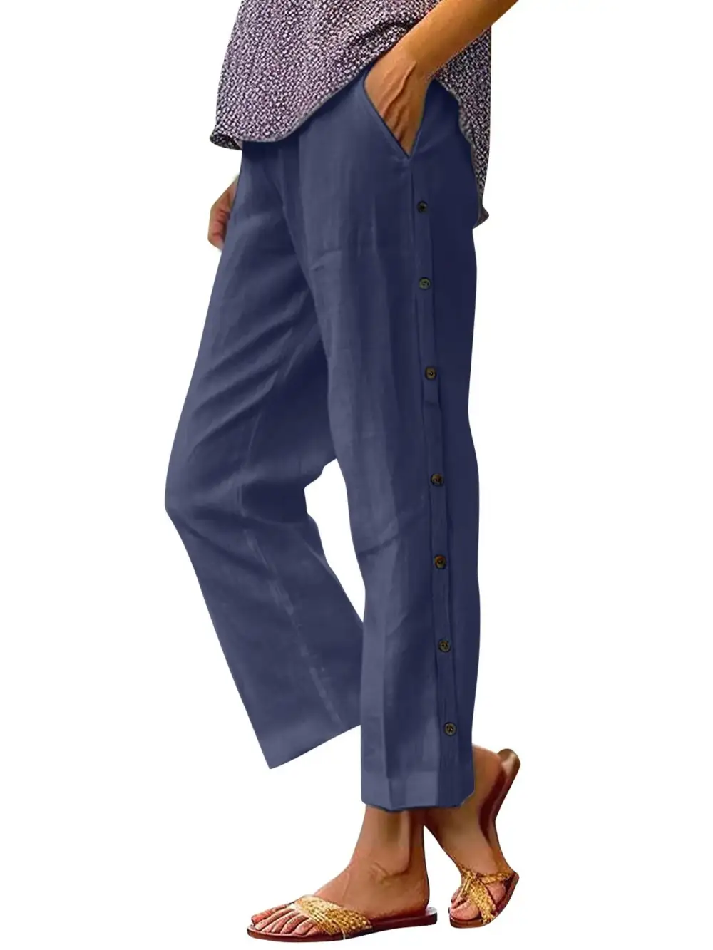 Wide Leg Button Detail Pocketed Pants