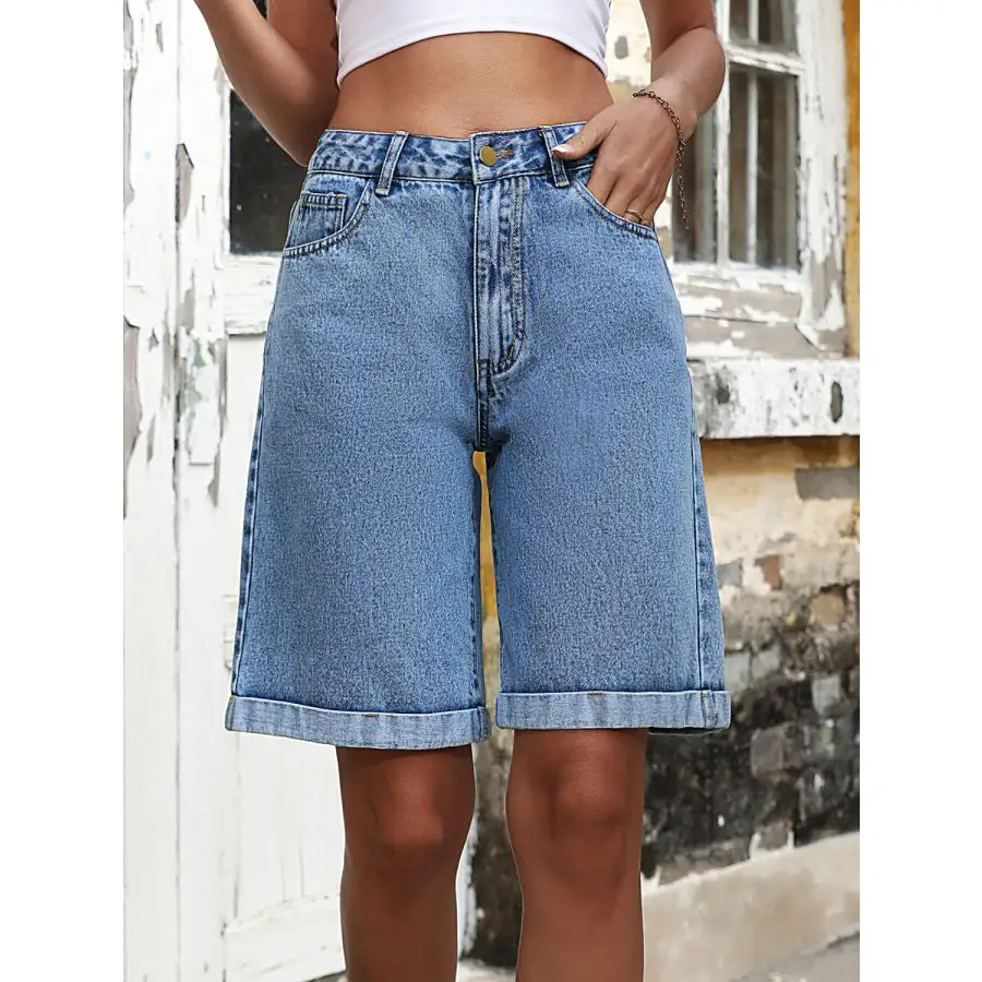 Weekend Buttoned High Waist Pocketed Denim Shorts