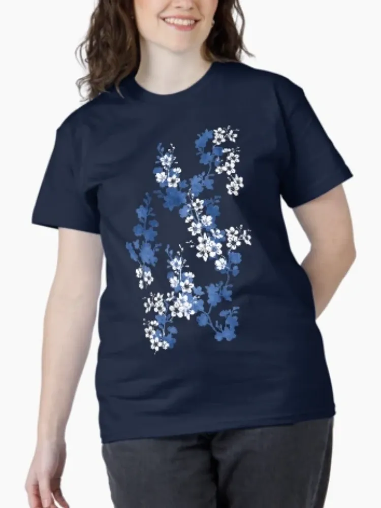 Women's Blue Floral Pattern Print Short-Sleeve Crew Neck T-Shirt