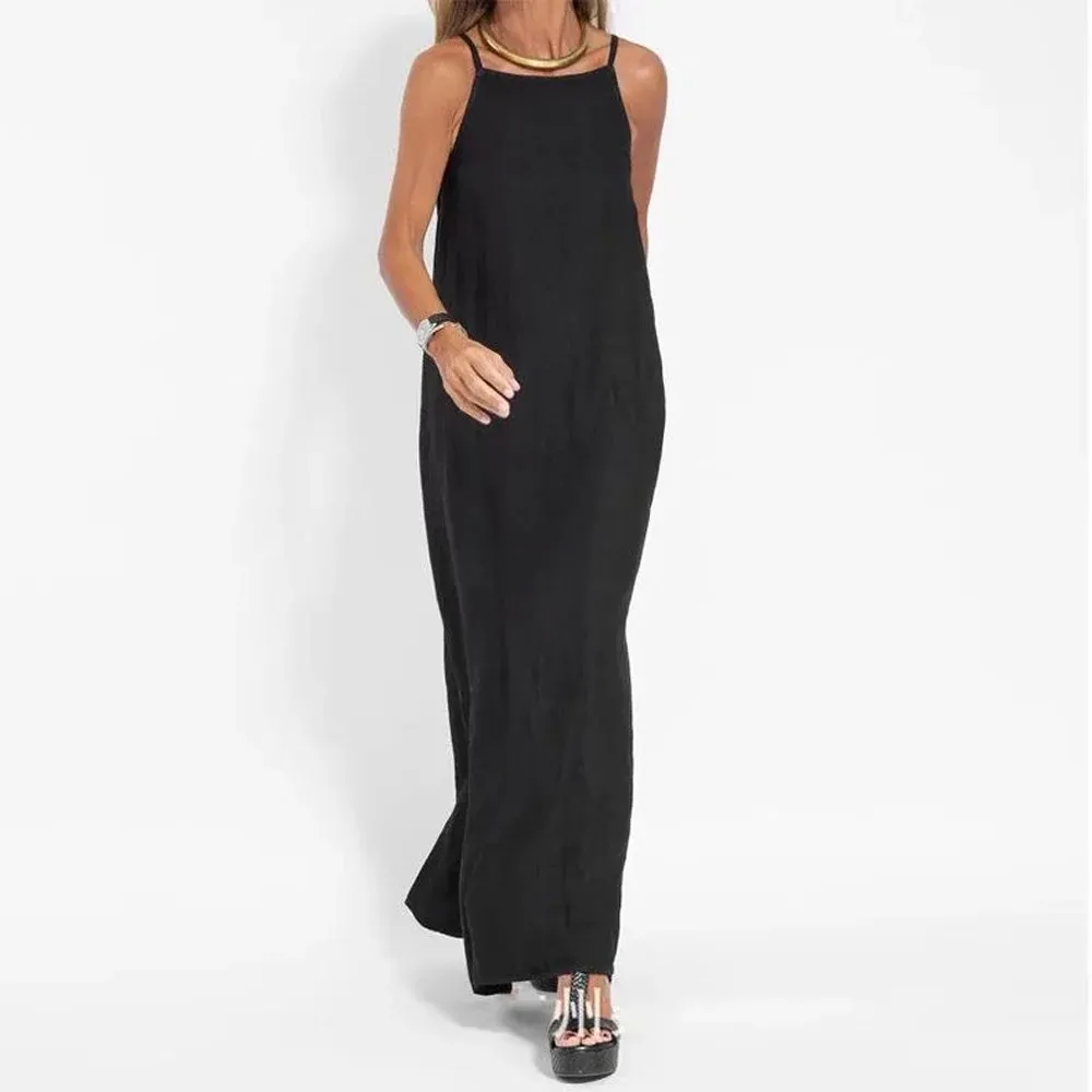 Sleeveless Side Slit Linen Blend Slip Dress