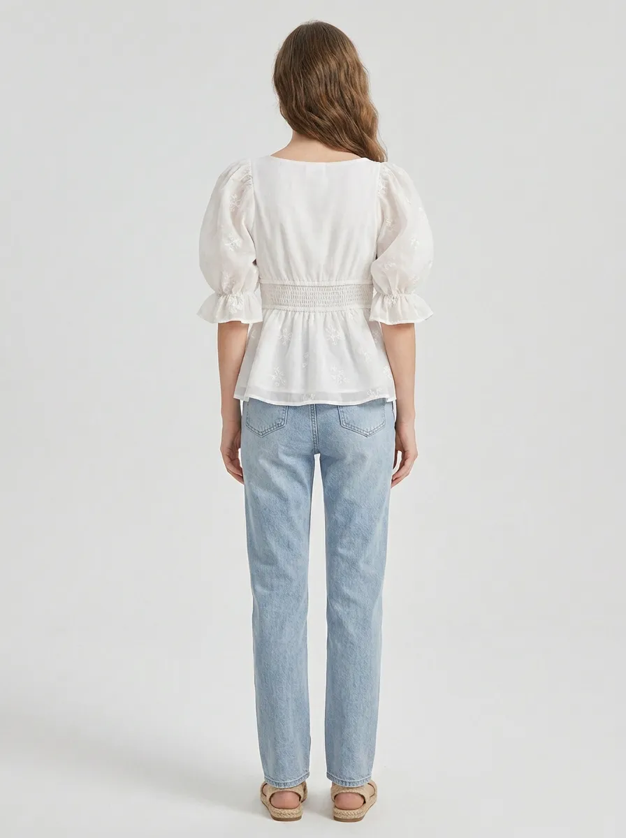 Embroidered Square-Neck Peplum Women's Puff-Sleeve Blouse