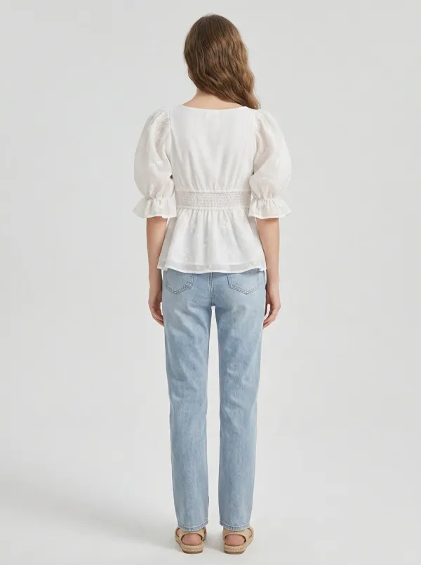 Embroidered Square-Neck Peplum Women's Puff-Sleeve Blouse