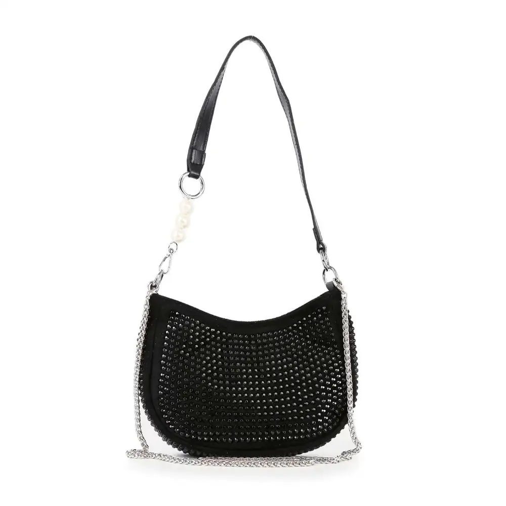 Relaxed Detail Crystal Accent Chain Accent Faux Leather Shoulder Bag