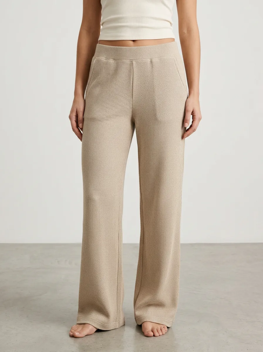 Women's Waffle Knit Beige Solid Color Casual Lounge Pants
