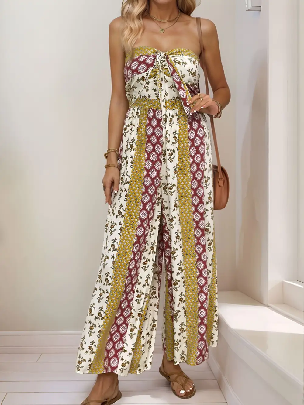 Boho Floral Strapless Wide-Leg Jumpsuit