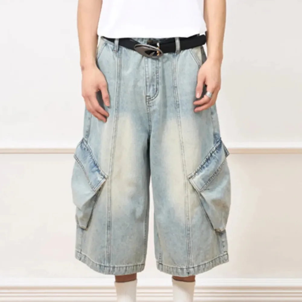 Wide Leg Pocket Detail Vintage Inspired Washed Capri Jeans