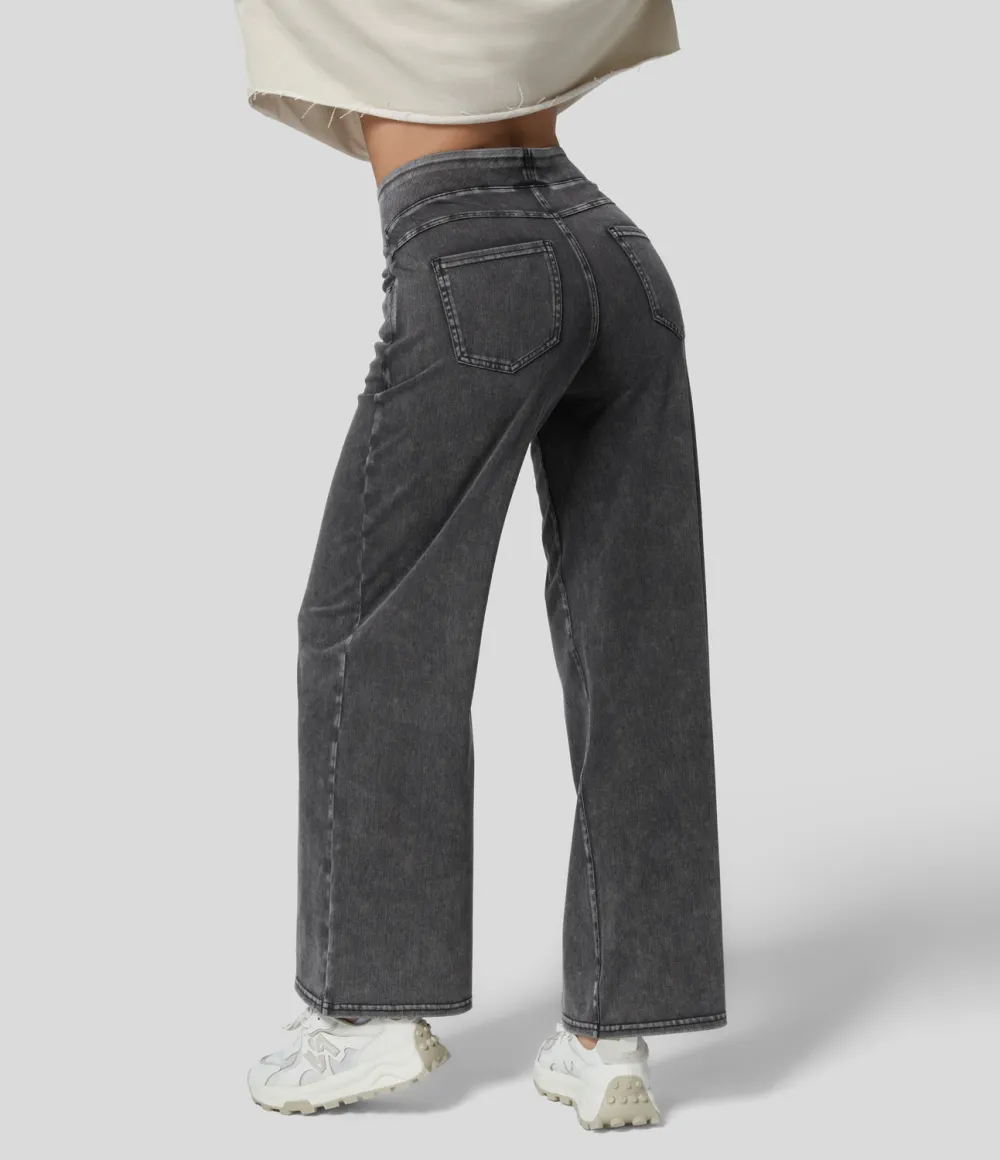 Magic High Waisted Multiple Pockets Wide Leg Loose Stretchy Knit Work Jeans