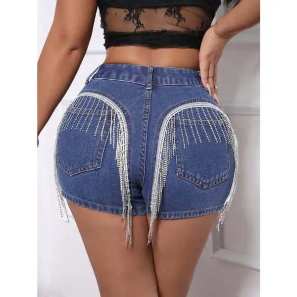 Buttoned Pocketed Fringe Detail Denim Shorts