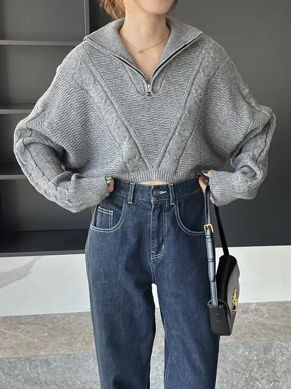 Women's Jacquard Lapel-Collar Sweater