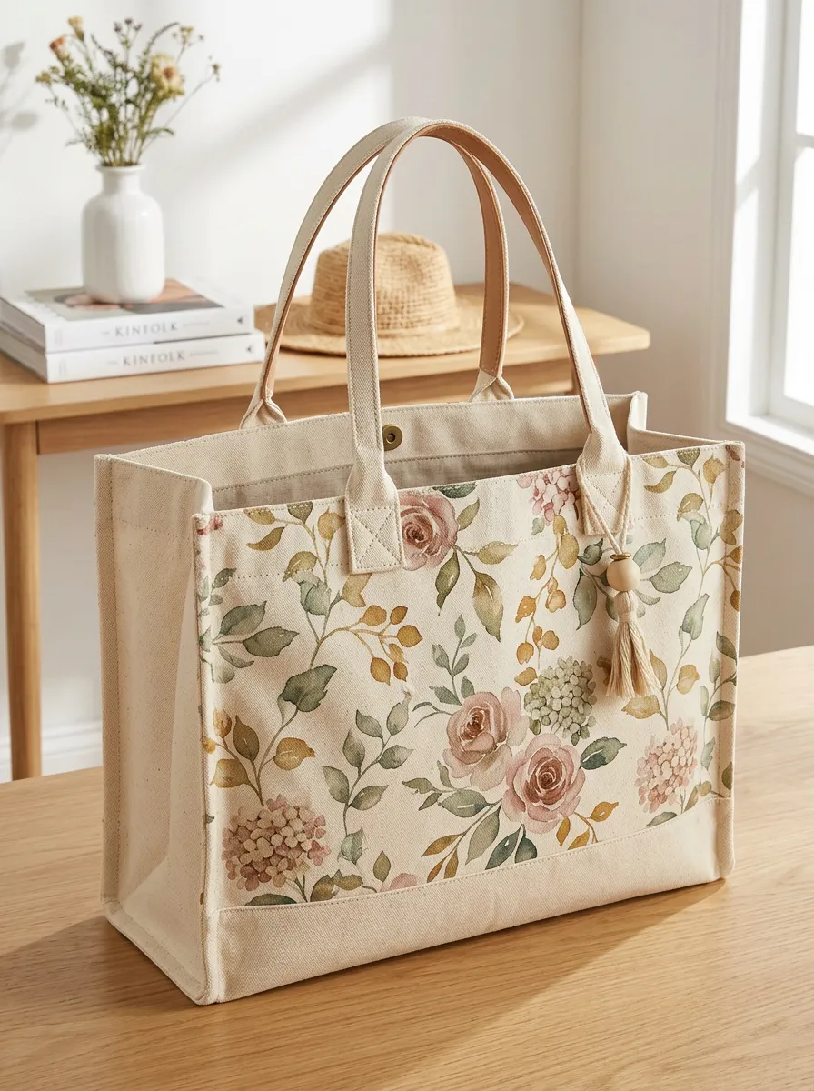 Women's Dual Handle Botanical Floral Vintage Printed Canvas Shoulder Tote Bag