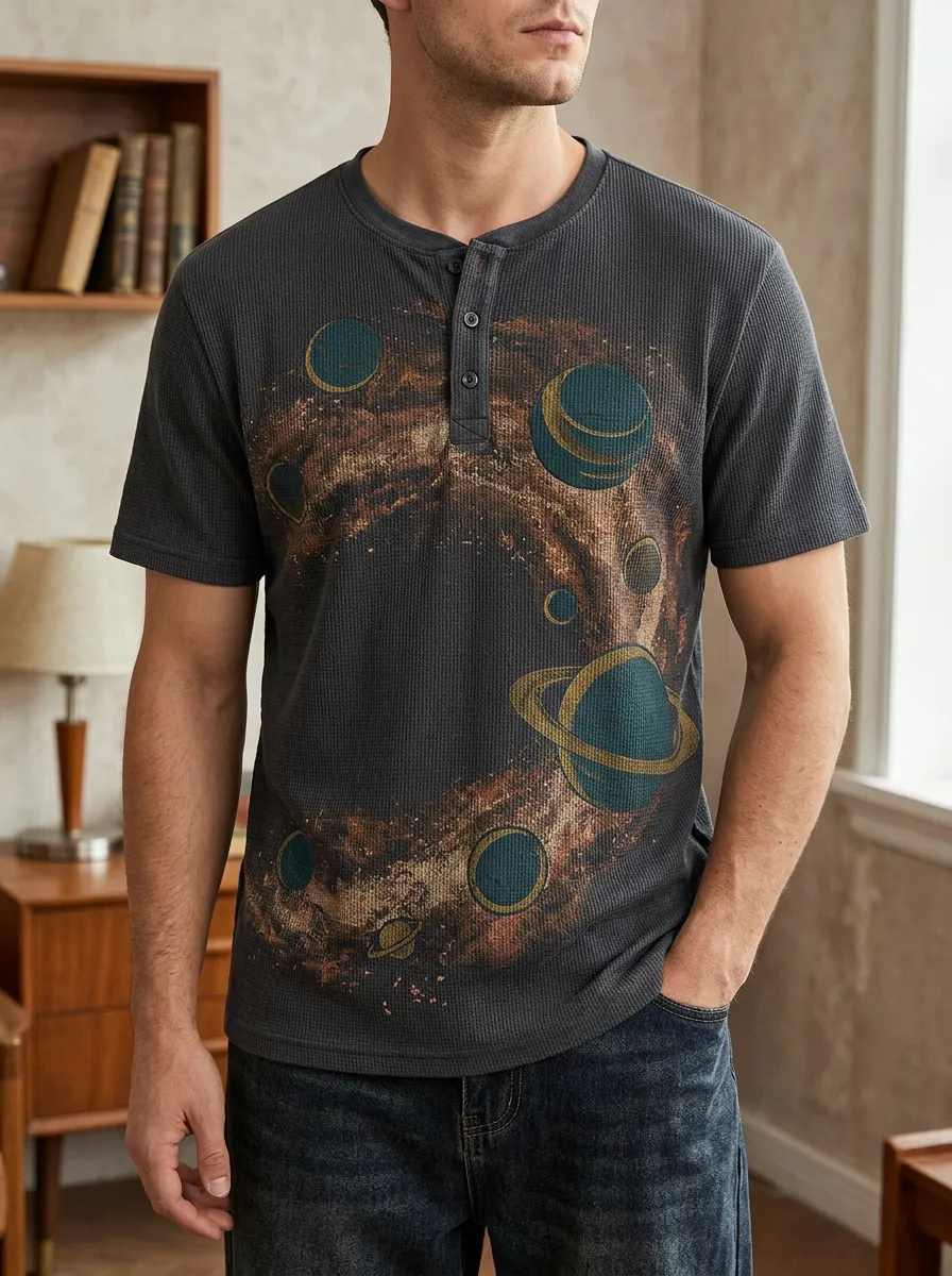 Men's Space Astronomy Galaxy Planets Printed Henley T-shirt