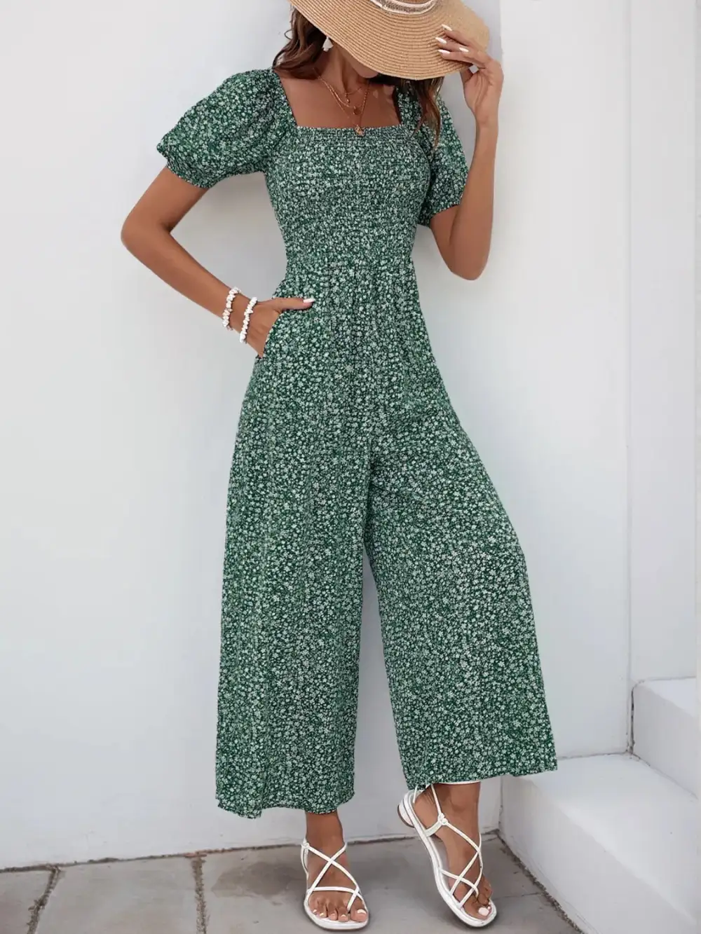 Printed Square Neck Puff Sleeve Everyday Jumpsuit