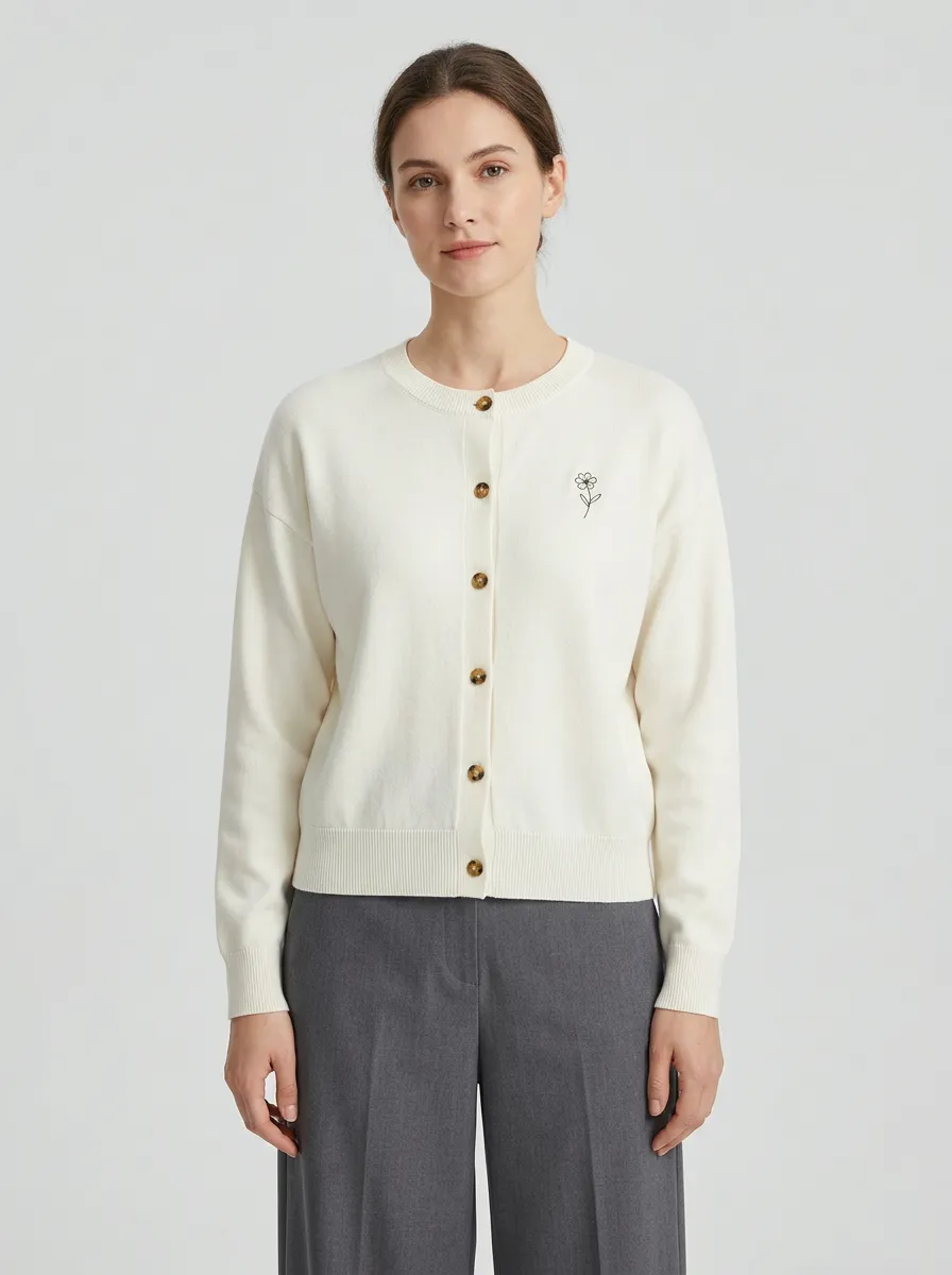 Women's Minimalist Floral Line Art Embroidered Cardigan